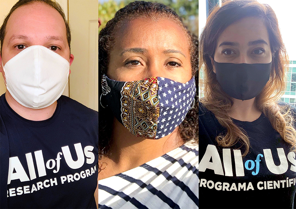 Photographs of three young people of different genders and ethnicities. All three are wearing face masks. Two are wearing T shirts with the All of Us Research Program logo.