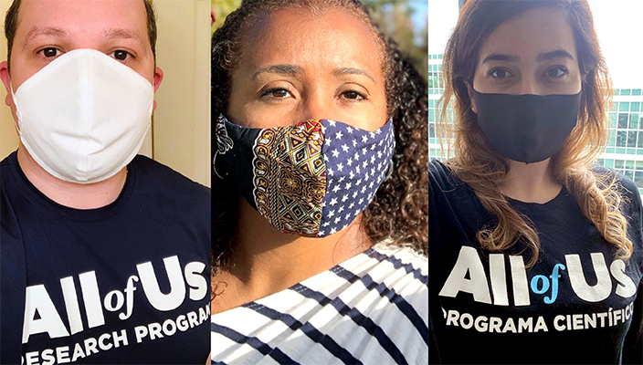 Fotografías de tres jóvenes de diferentes géneros y grupos étnicos. Los tres llevan mascarillas. Dos de ellos llevan camisetas con el logotipo del Programa Científico All of Us.