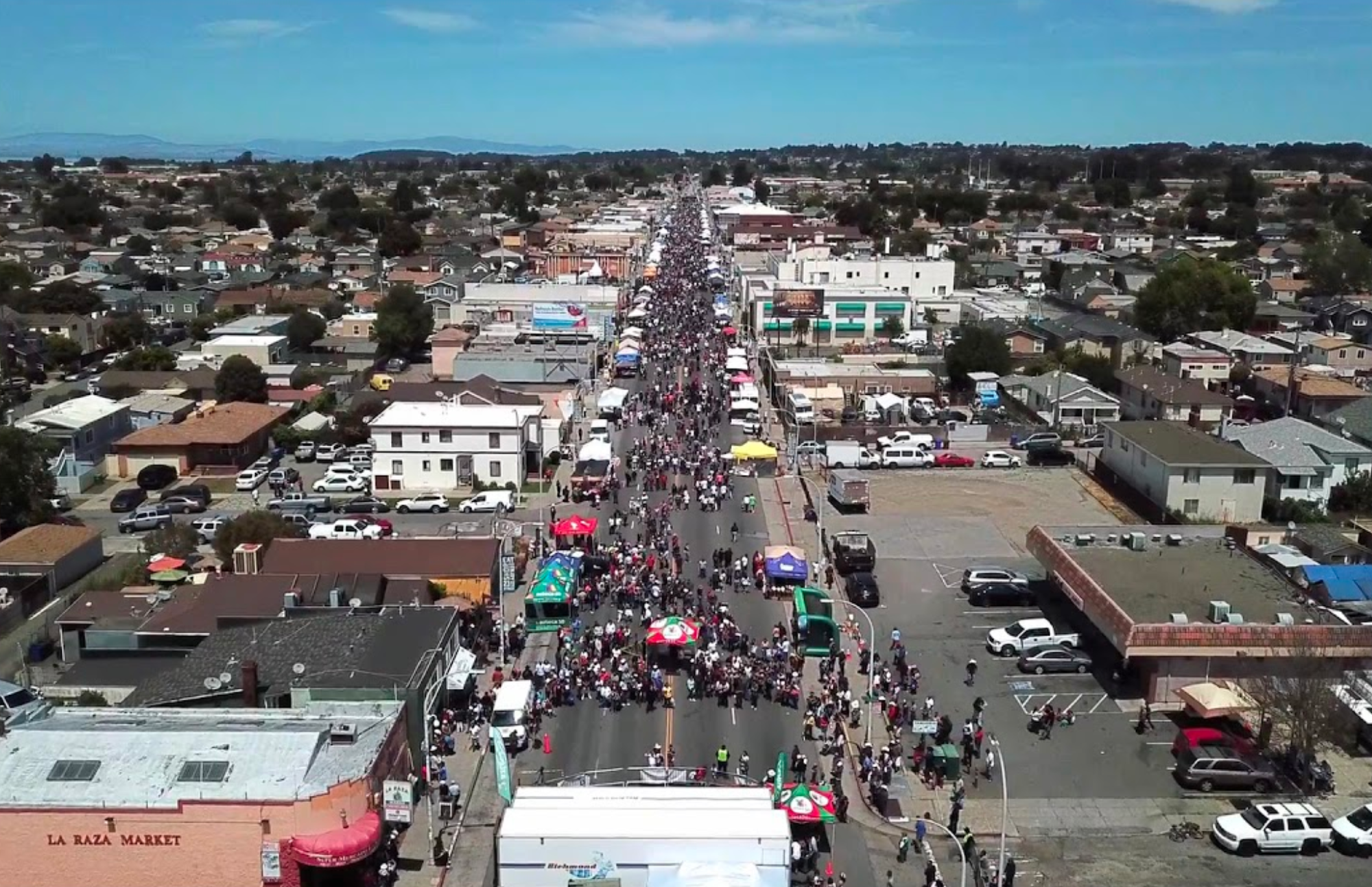 overhead view of a busy street festival