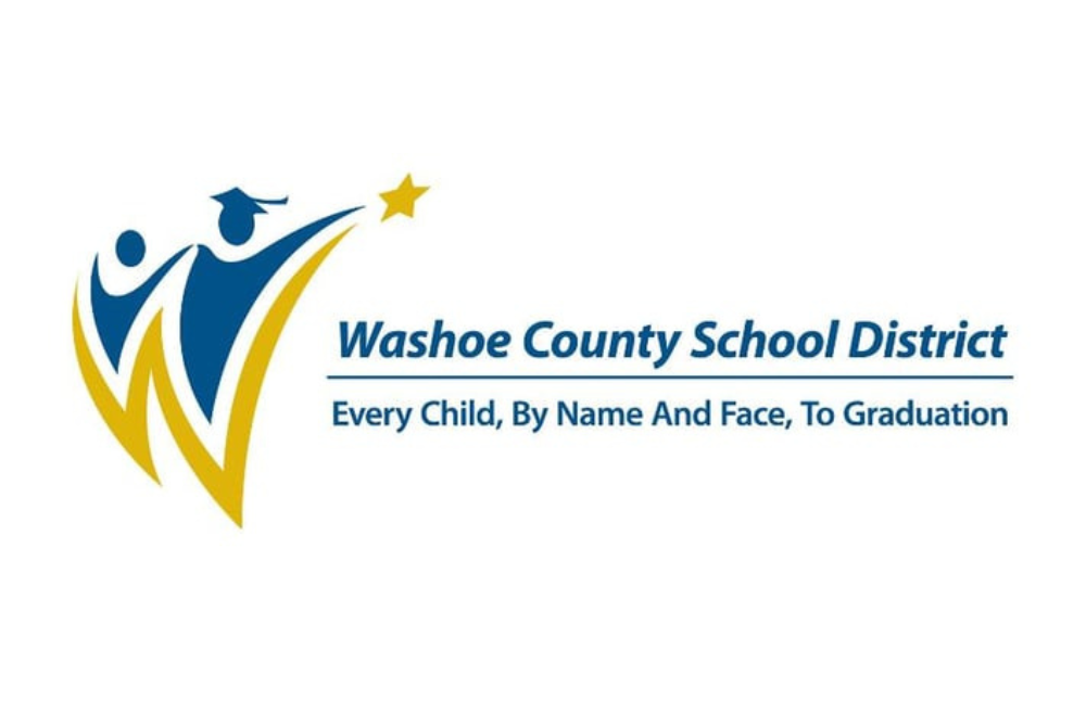 Gold and yellow abttract illustration of joyful people with the words Washoe County School District