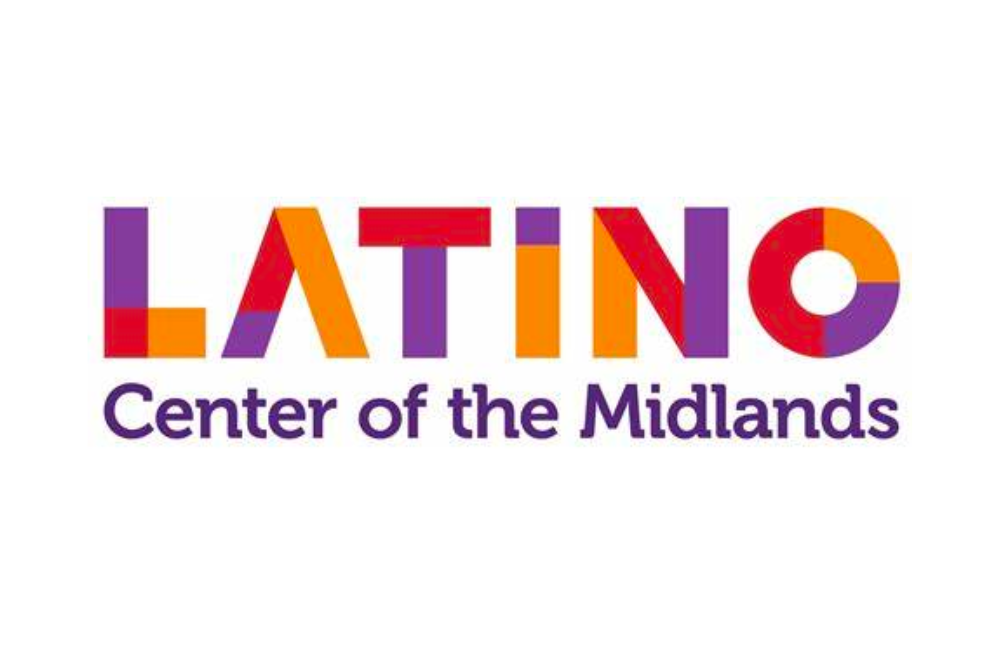 LATINO written in large colorful block letters with Center of the Midlands underneath in a purple serif font.