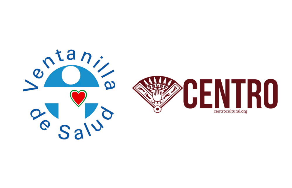 Red white and blue illustration of a person with open arms encircled by the words Ventanilla de Salud and the dark red CENTRO logo to the right of a red illustration of a fan.