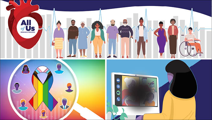 Un gráfico con el logotipo del Programa Científico All of Us dentro de un corazón humano, ilustraciones de personas alineadas frente a un gráfico de barras, una lupa mirando una cinta de arcoíris rodeada de bustos ilustrados de siete personas y una ilustración de una persona mirando una computadora portátil.