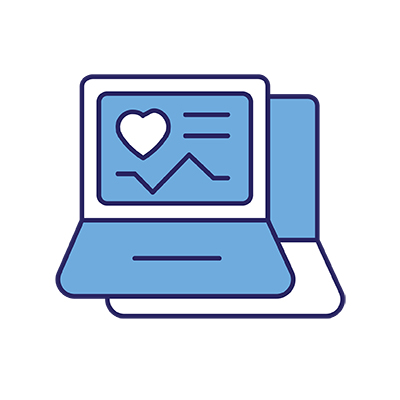 Icon of a laptop computer displaying a heart and a graph line.