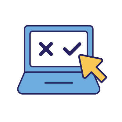 Icon of a laptop computer with a cursor arrow pointing at an X and a check mark on the screen.